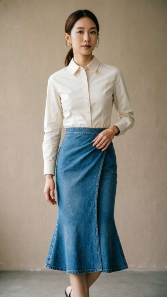 Denim Wrap Skirt with Button-Up Top