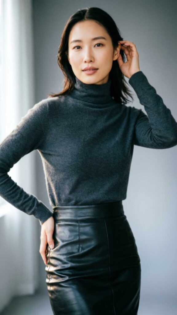 Leather Pencil Skirt with Turtleneck