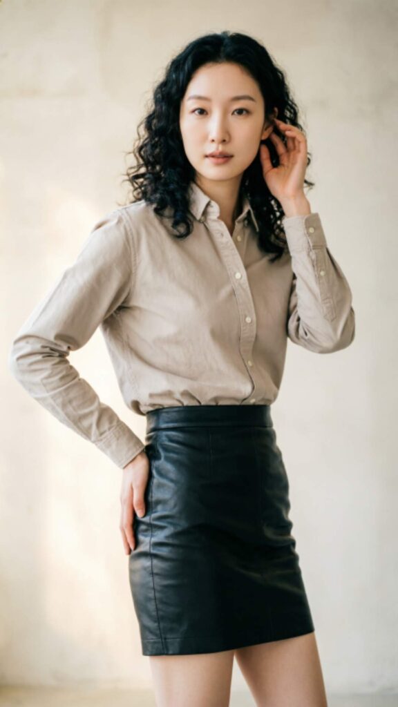 Leather Skirt with Button-Up Shirt