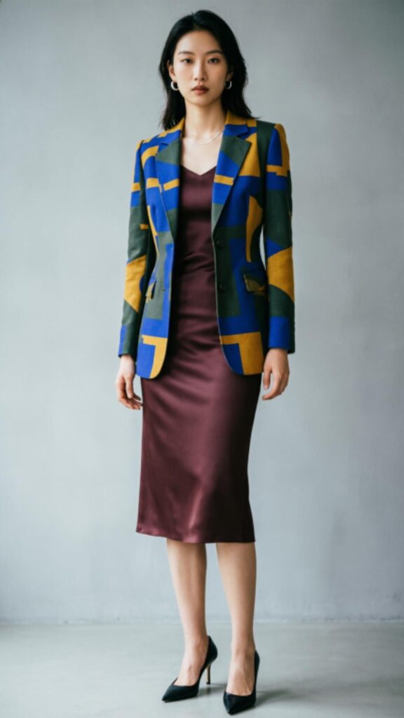 Printed Blazer with Solid Dress