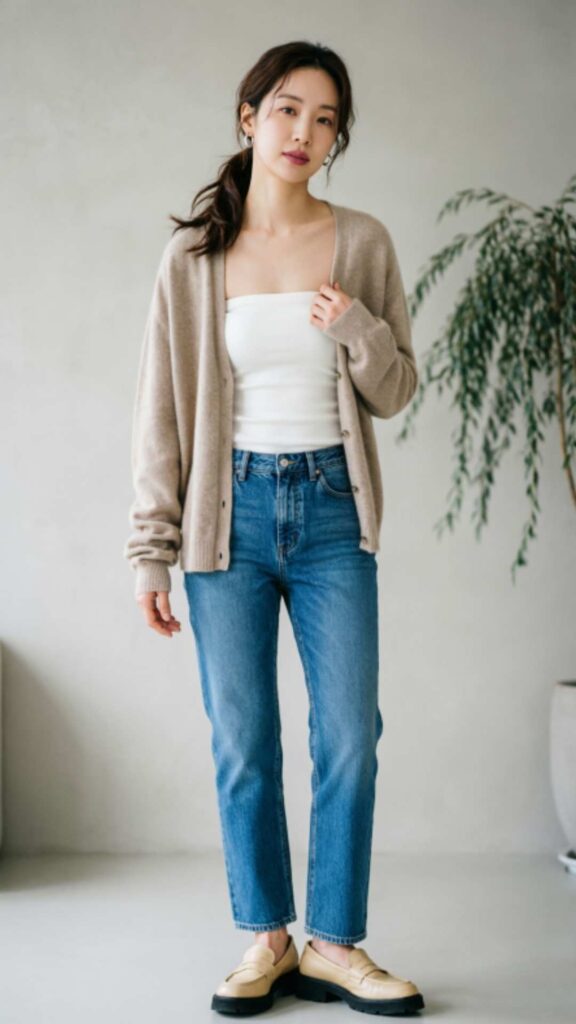 Cardigan over a Tank Top and Jeans