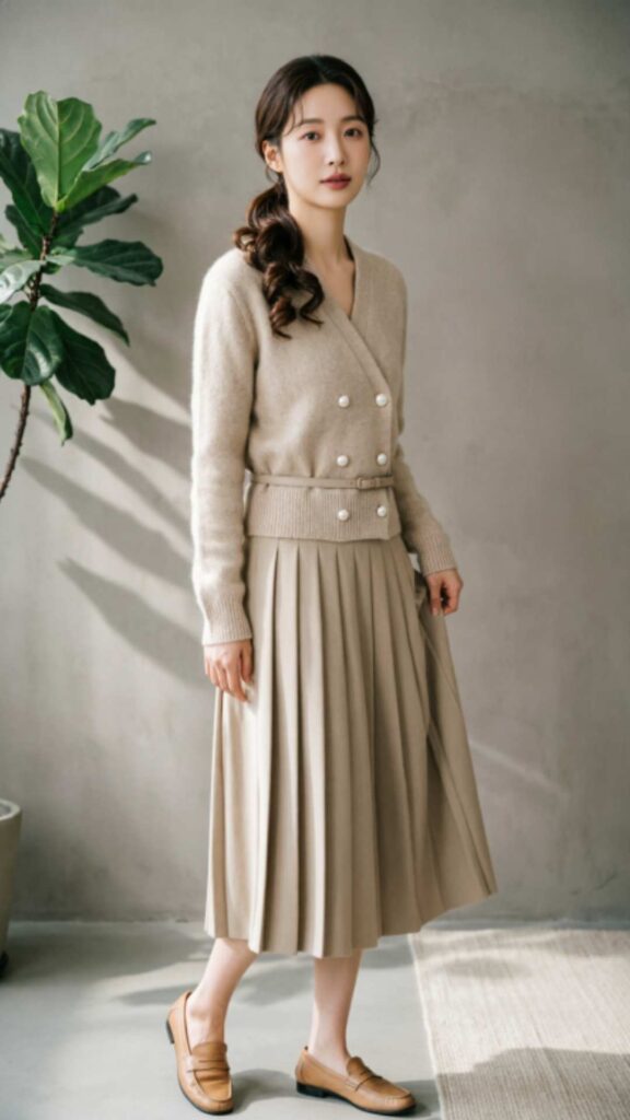 Buttoned Cardigan with Pleated Skirt