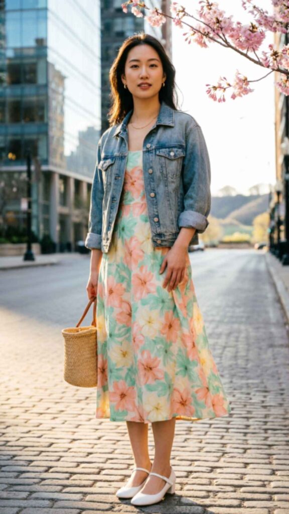 Floral Midi Dress with Denim Jacket