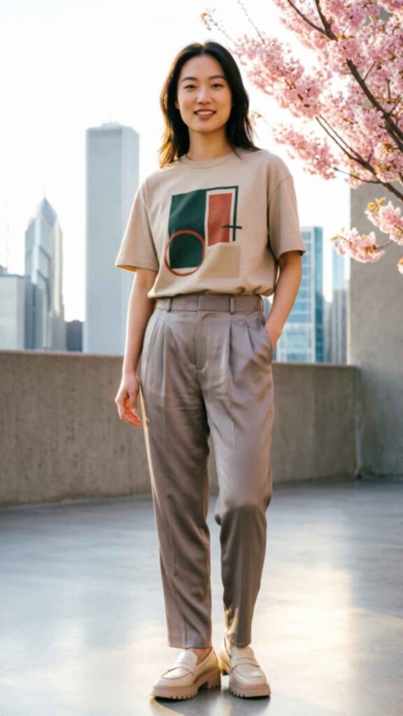 Graphic Tee with Pleated Pants