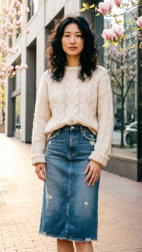 Denim Skirt with Knit Top