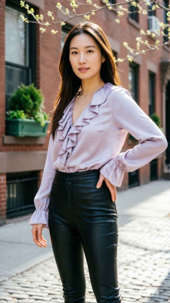 Ruffle Blouse with Skinny Leather Pants