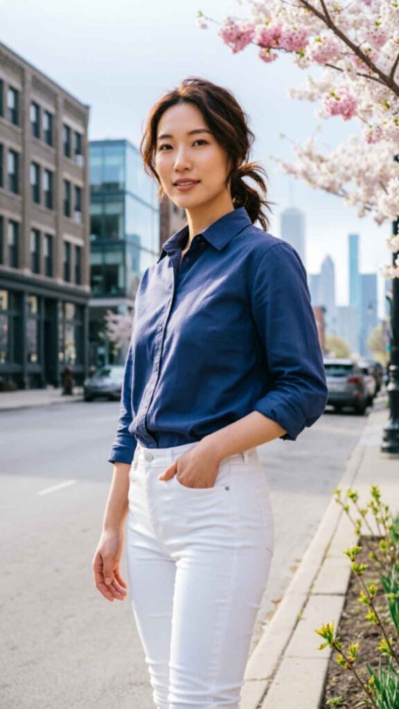 Chambray Shirt with White Jeans