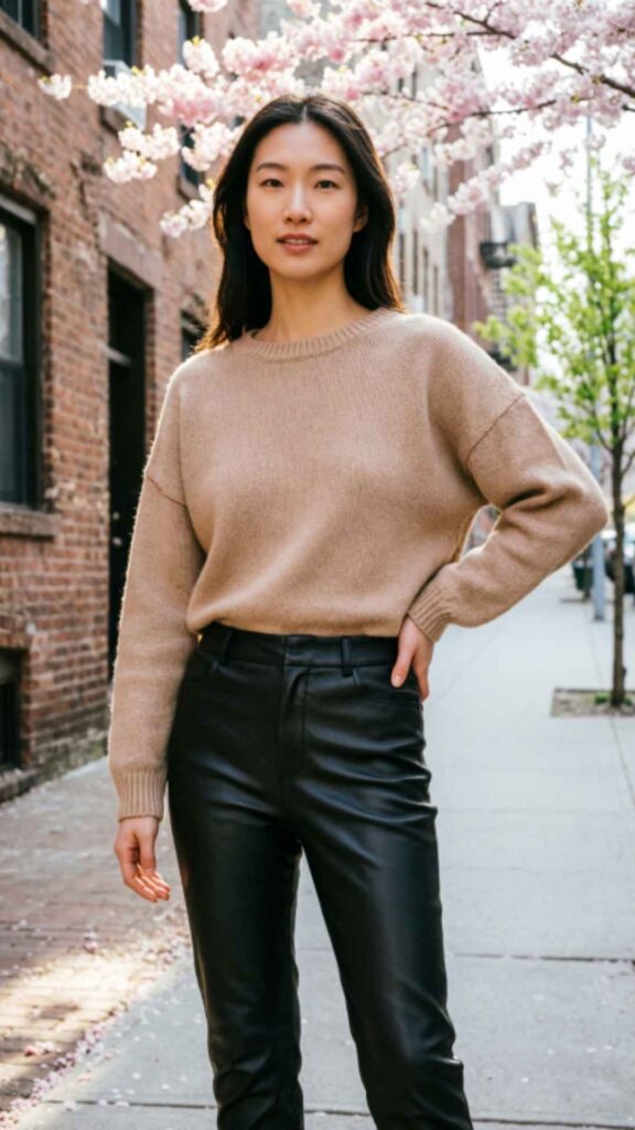 Knit Top with Leather Pants