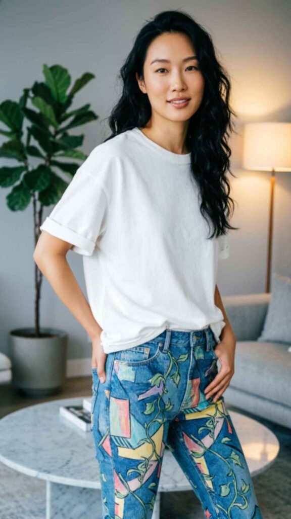 Printed Jeans with Plain Tee