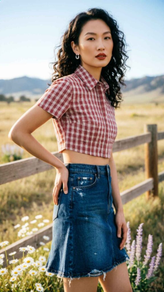 Denim Skirt and Plaid Crop Top