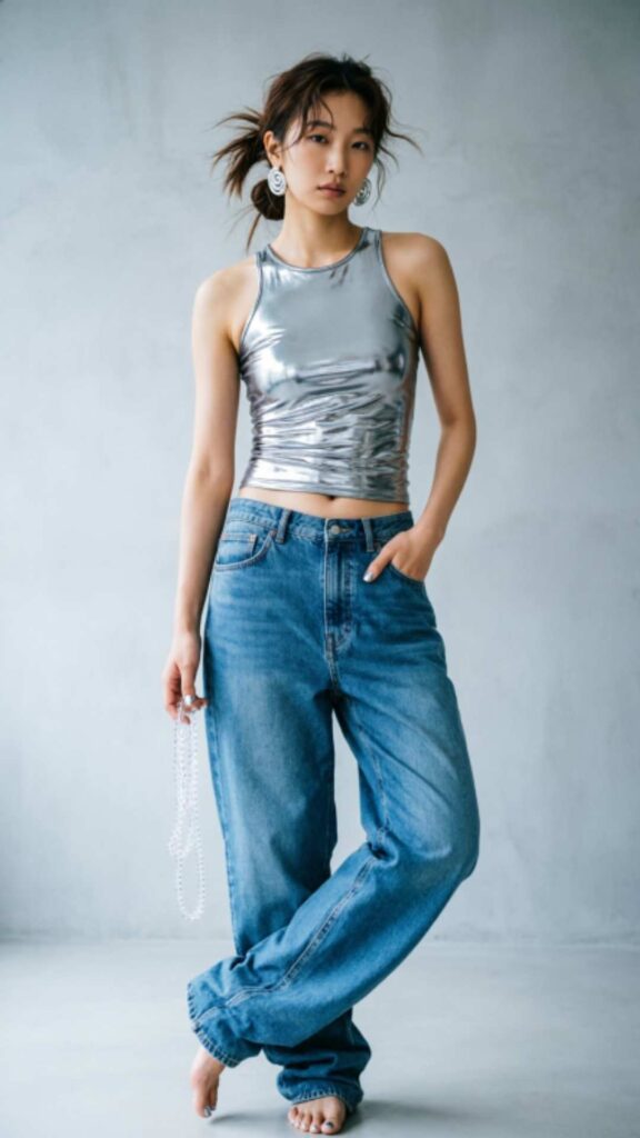 Shiny Tube Top with Baggy Jeans