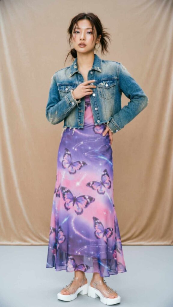 Denim Jacket over Printed Maxi Dress