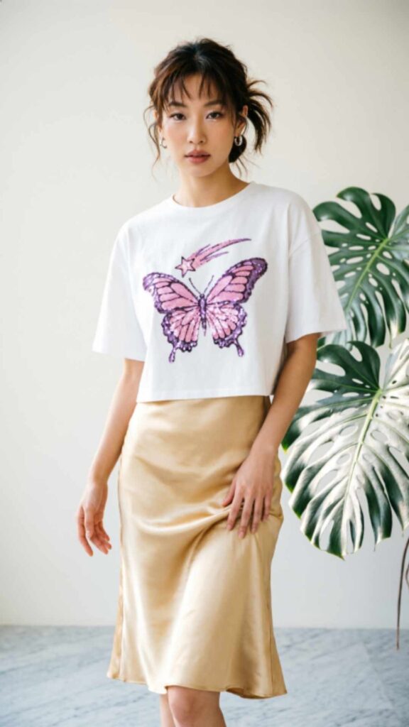 Satin Slip Skirt with Graphic Tee