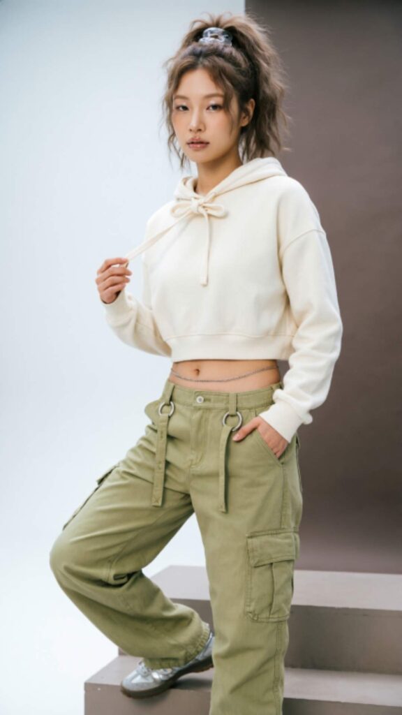 Low-Rise Cargo Pants with Crop Hoodie