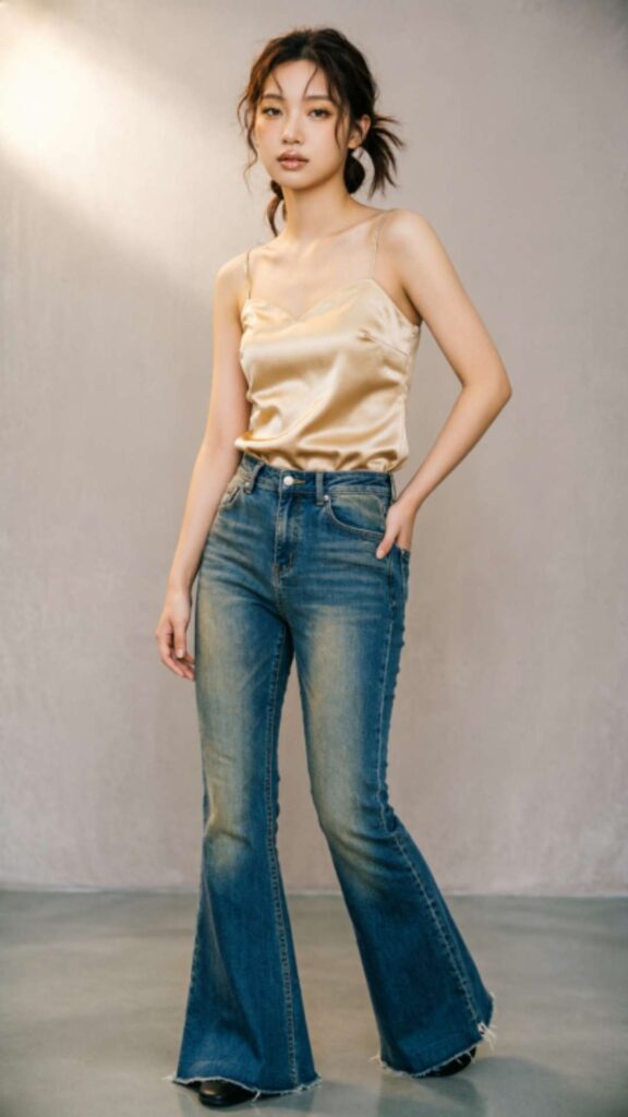Satin Camisole with Flared Jeans