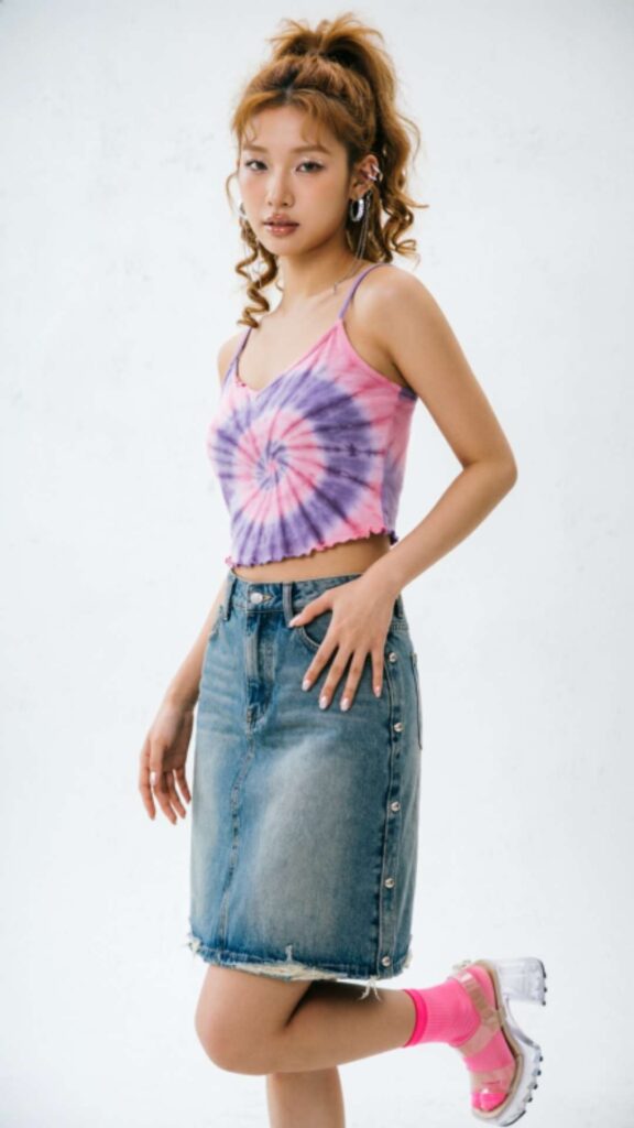 Tie-Dye Crop Top with Denim Skirt