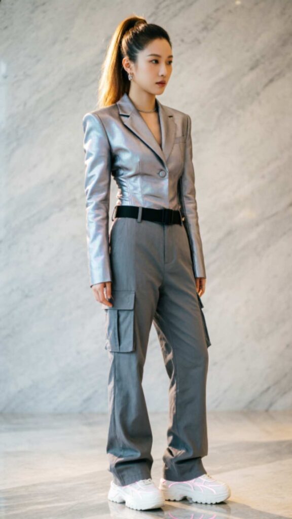 Metallic Blazer with Cargo Pants