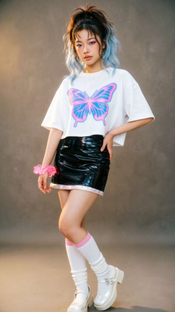 Graphic Tee with Mini Skirt and Knee-High Socks