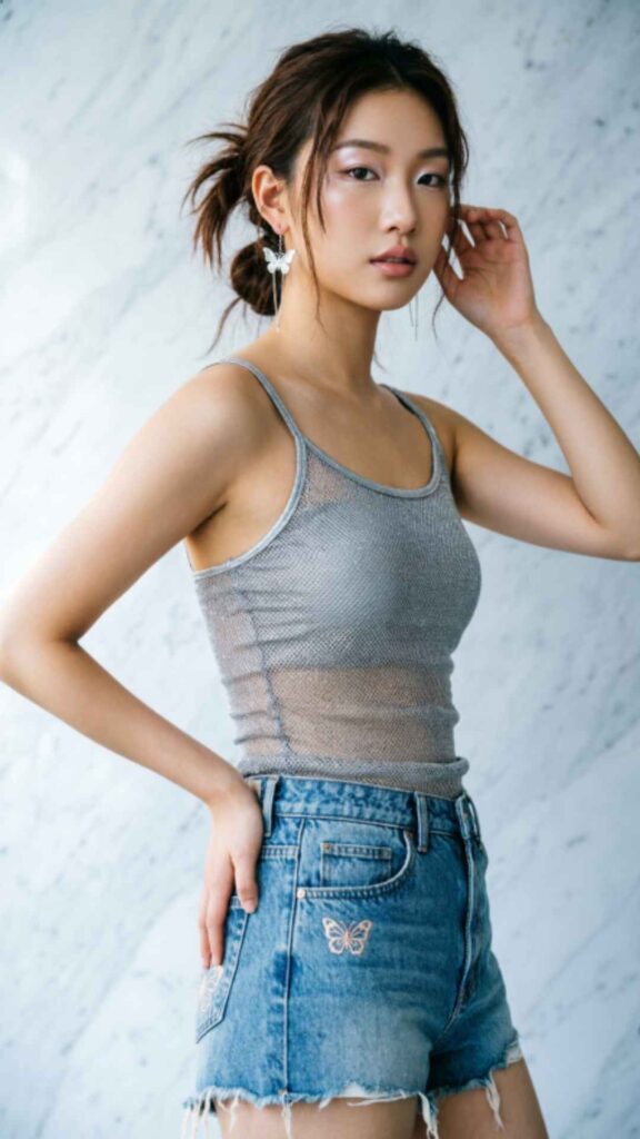 Mesh Tank Top with Denim Shorts