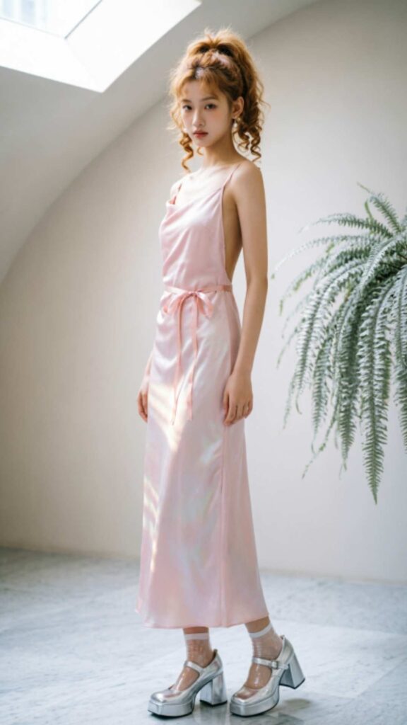Baby Pink Slip Dress with Platform Shoes