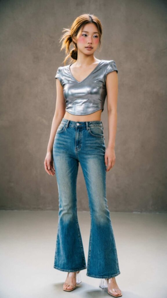 Metallic Crop Tops with Flared Jeans