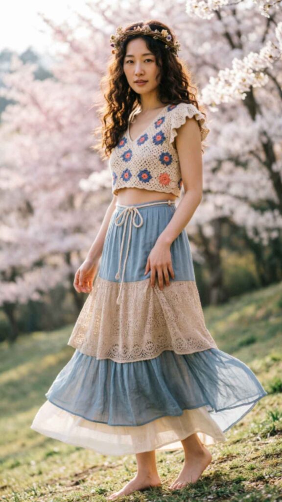 Tiered Midi Skirt with Crochet Top
