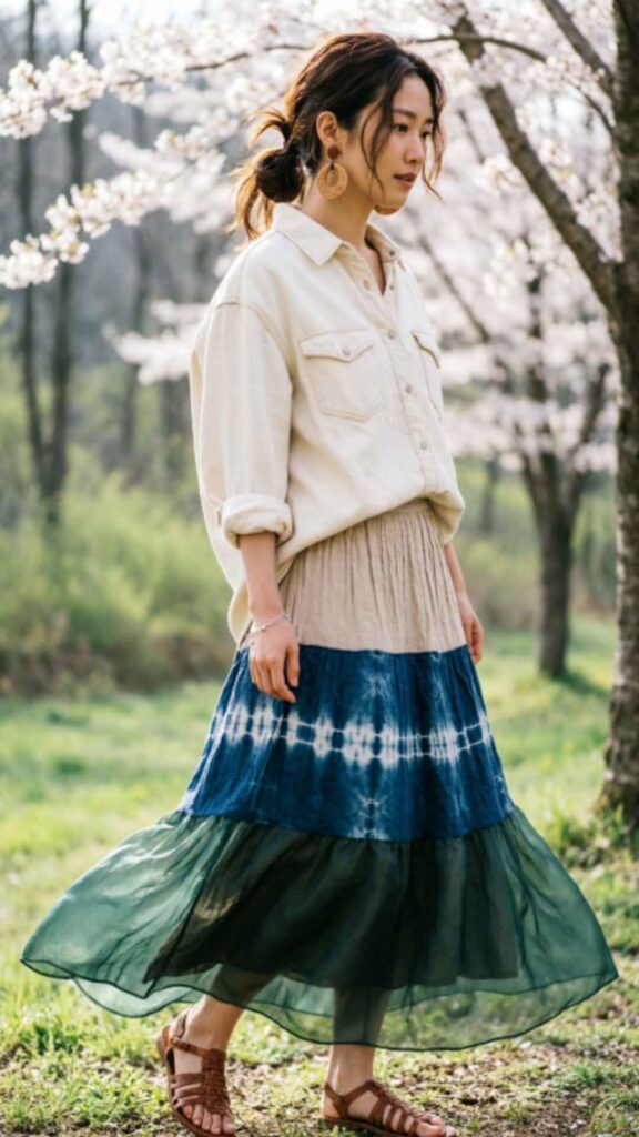Tiered Maxi Skirt with Button-Down Blouse