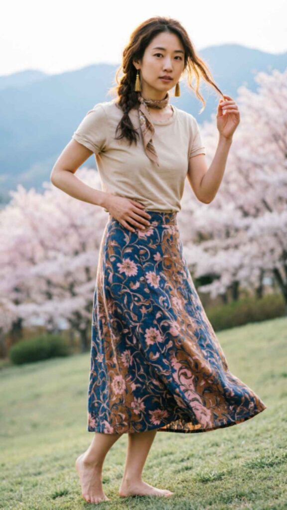 Printed Midi Skirt with Fitted Tee