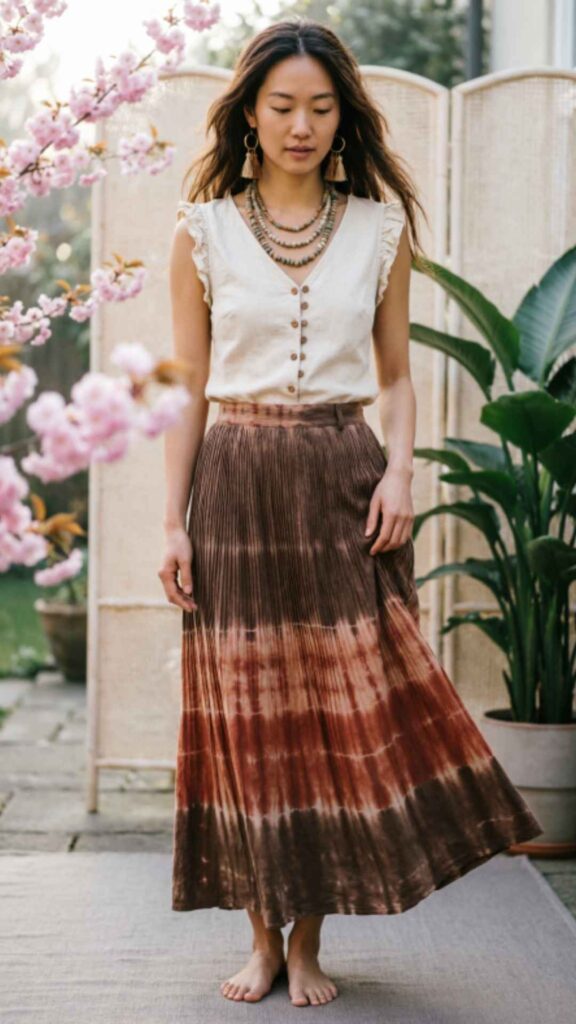 Boho Pleated Skirt with Sleeveless Blouse
