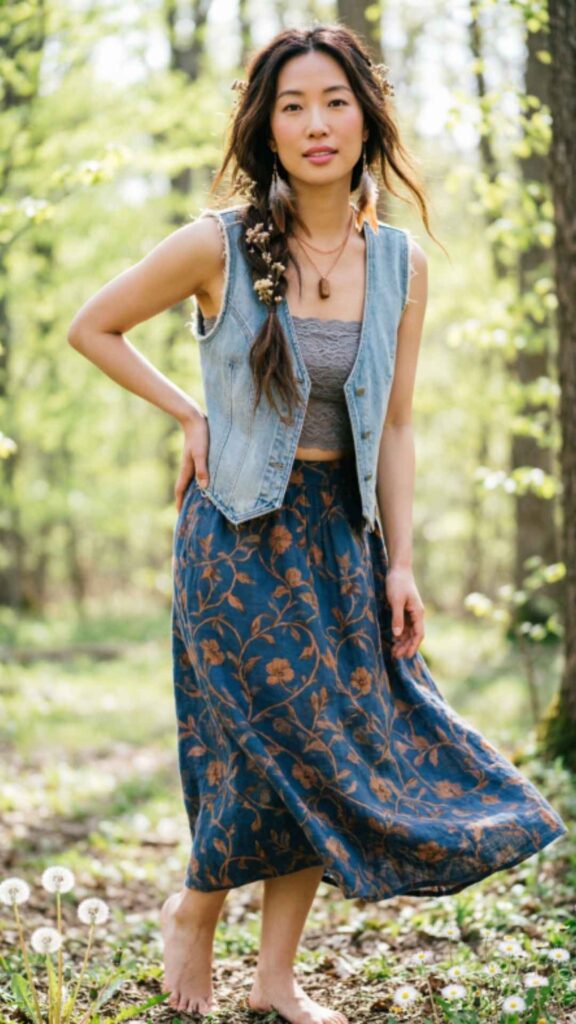 Printed Skirt with Denim Vest