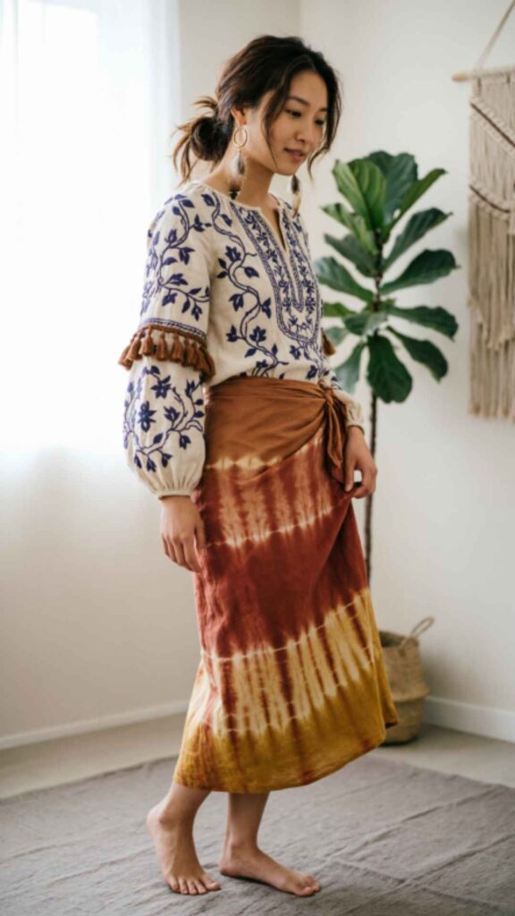 Bohemian Wrap Skirt with Long Sleeve Blouse
