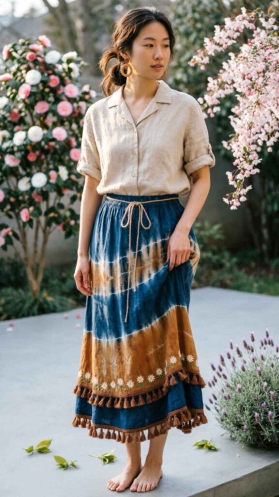 Midi Boho Skirt with Linen Shirt