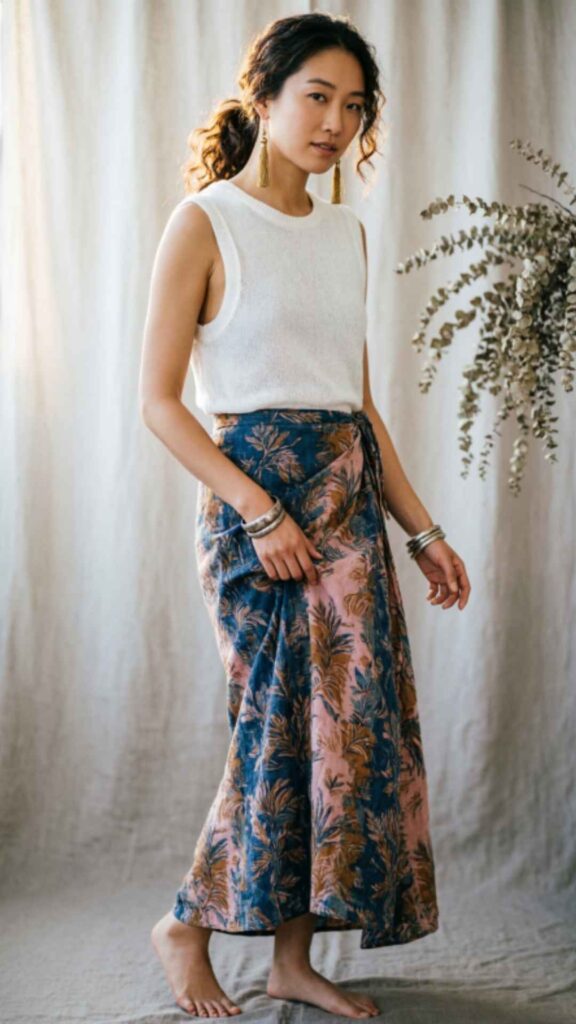 Printed Wrap Skirt with Basic Tank Top