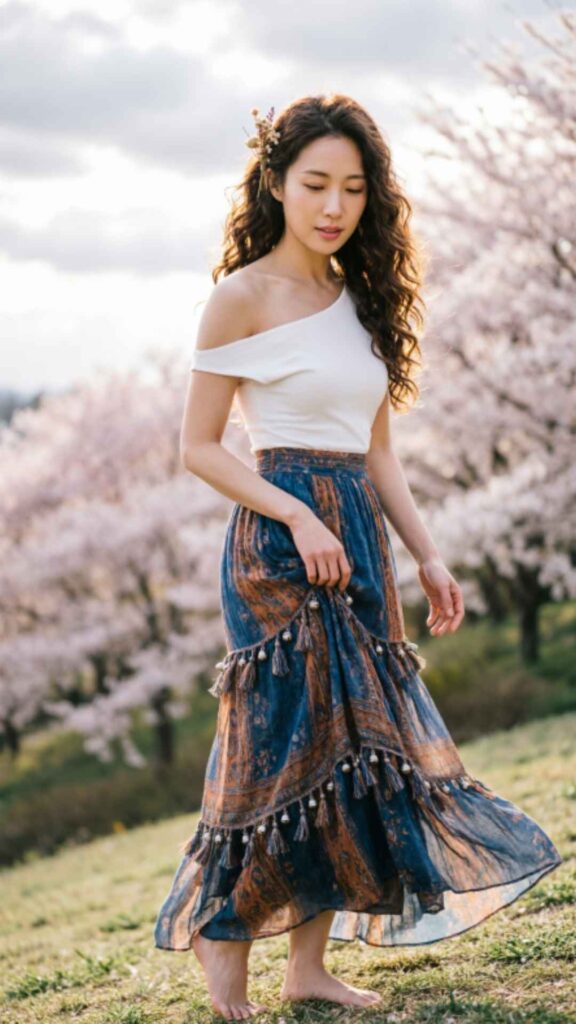 High-Waisted Boho Skirt with Off-Shoulder Top