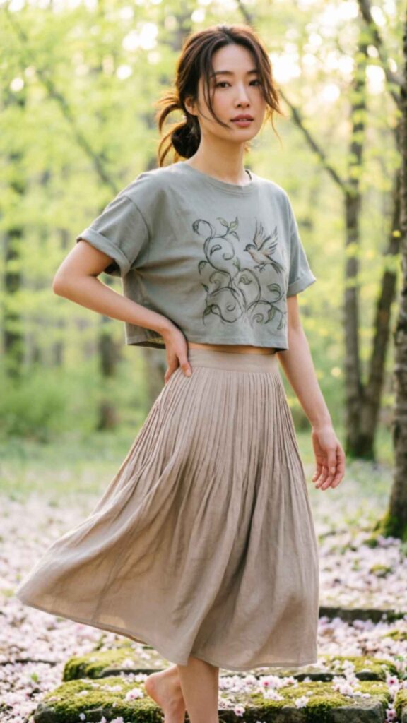 Pleated Boho Skirt with Graphic Tee