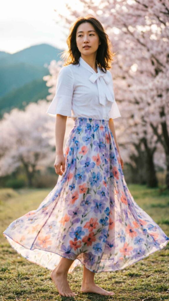 Flowy Floral Maxi Skirt with White Blouse