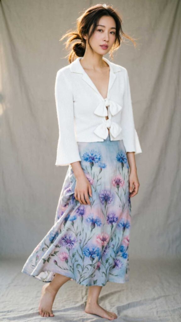 Floral Midi Skirt with Knotted Shirt