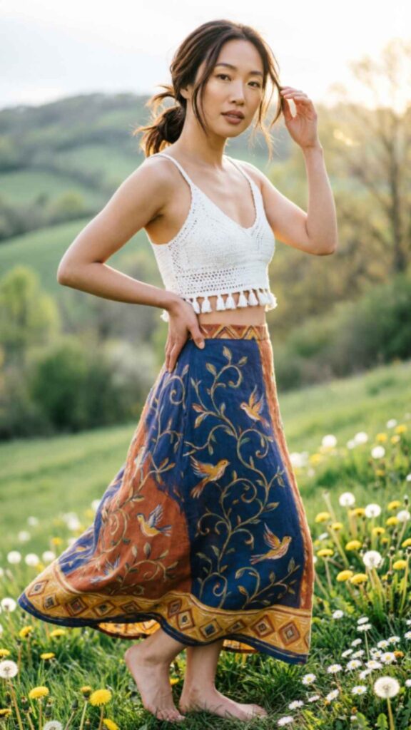 Bohemian Printed Skirt with Crop Top