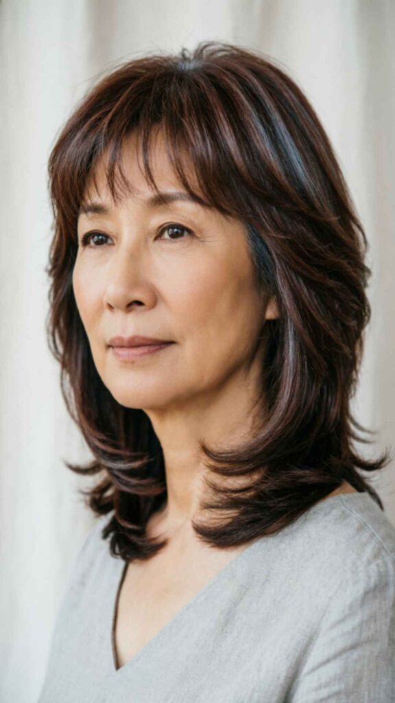 Layered Shoulder-Length Hair with Wispy Bangs