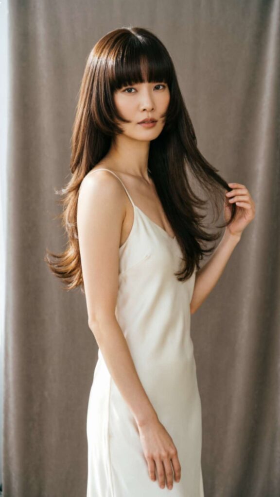 Classic Long Layers with Blunt Bangs