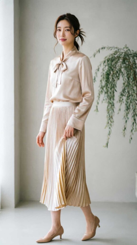 Satin Blouse with Pleated Midi Skirt