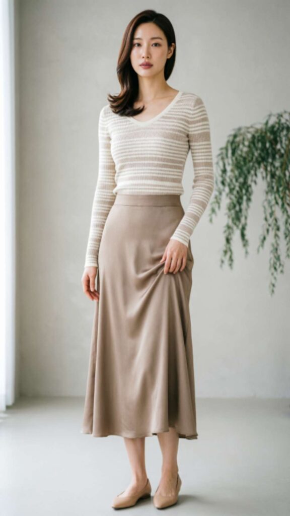 Striped Long Sleeve Top with A-Line Skirt