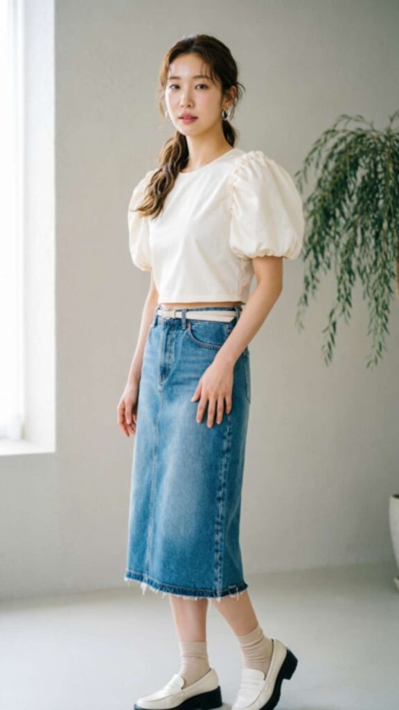 Puff-Sleeve Top with Denim Skirt