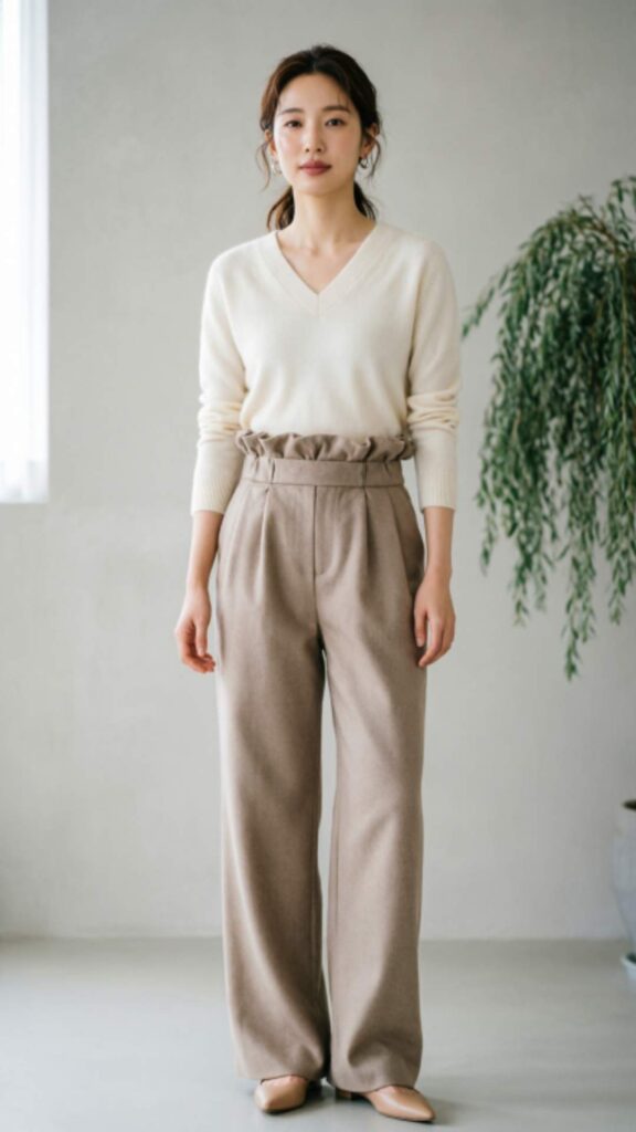 V-Neck Sweater with Paperbag Waist Pants