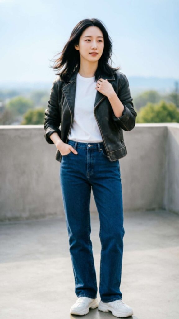 Leather Jacket with Basic Tee and Jeans