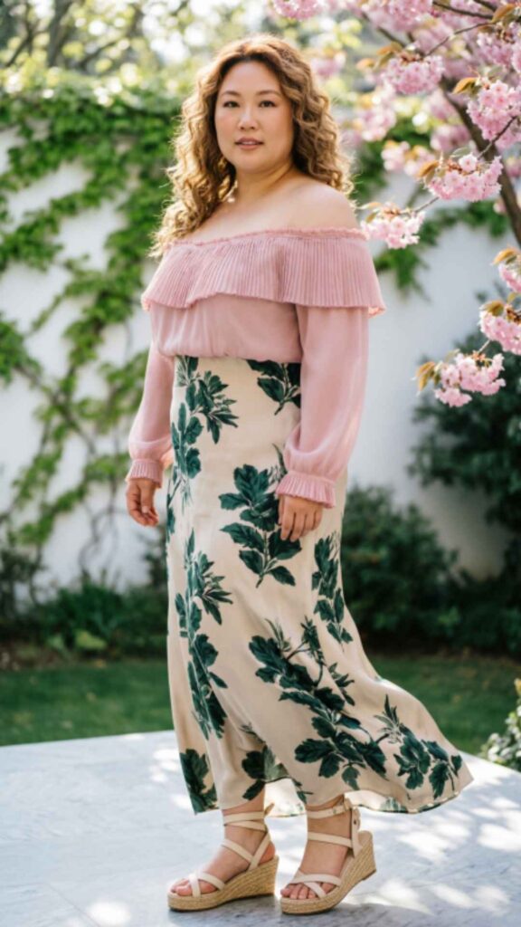 Off-Shoulder Maxi with Wedge Sandals