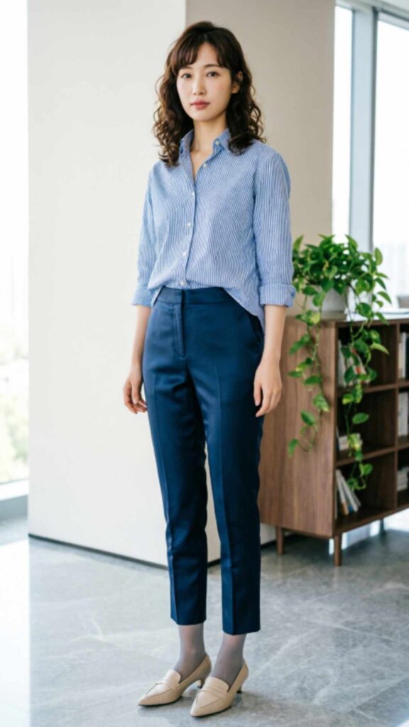 Striped Shirt with Navy Trousers