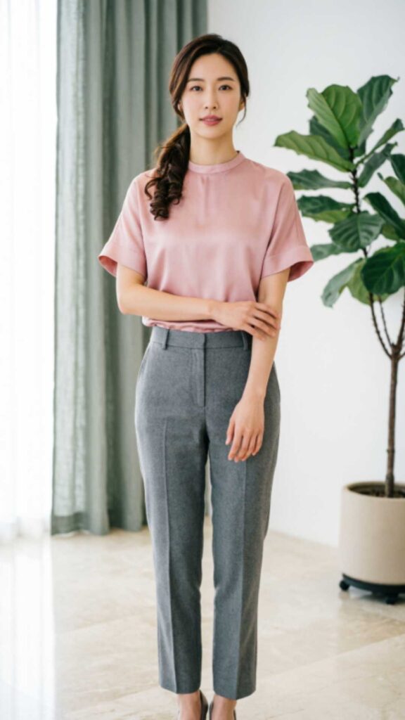 Soft Pink Blouse with Gray Pants