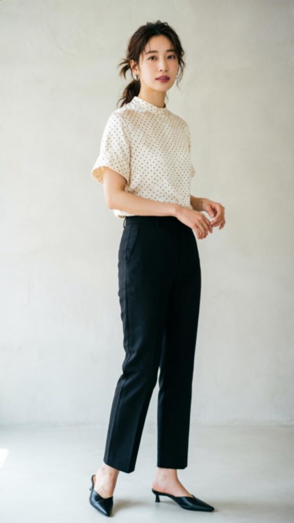 Polka Dot Blouse with Black Pants