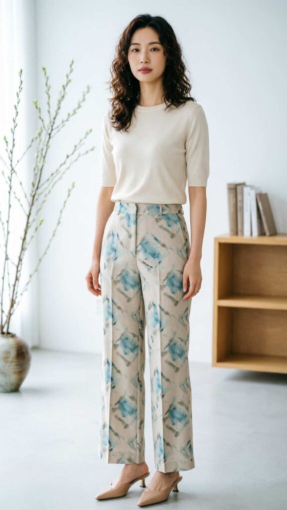 Neutral Blouse with Printed Trousers